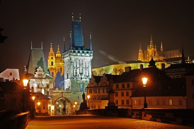 Evening View Walk in Prague - Prague Castle after dark: St. Vitus Cathedral and gas-lit lanes